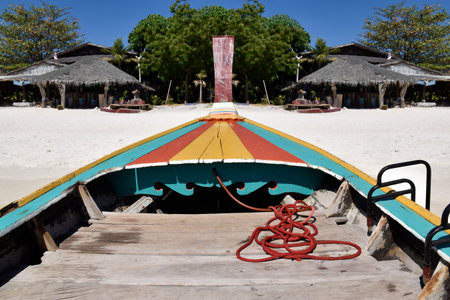 Wooden boat deck at beach,Thailandの写真素材