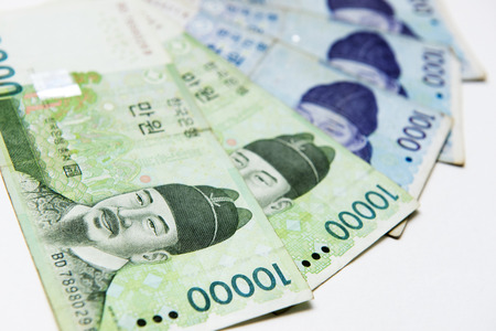 Stacked of South Korea won money bills,close upの写真素材