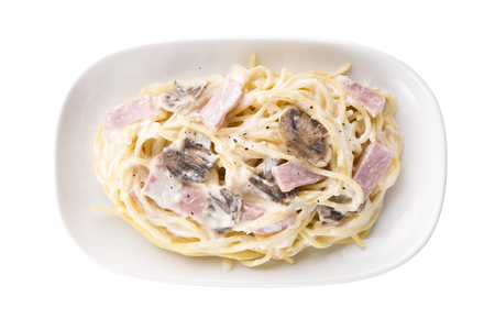 Carbonara spaghetti in plate isolated on backgroundの写真素材