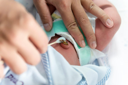 à¹hand using cotton bud to clean baby Umbilical cordの写真素材