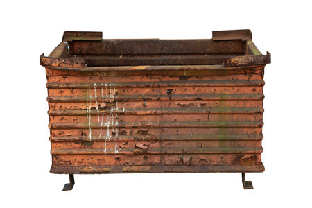 Old aged industrial metal storage box isolated on whiteの写真素材