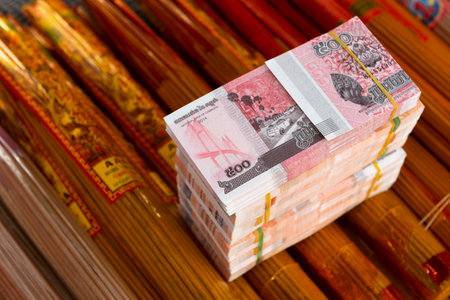 Cambodian small bills for make merit for sell at temple shopの写真素材