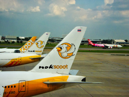 Don Mueang Airpor BANGKOK THAILAND-14 AUGUST 2019:Airplane of NokScoot Airlines,NokScoot, is a...