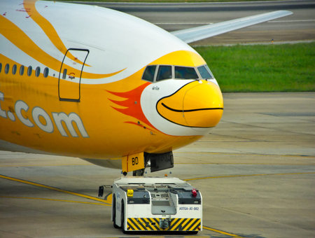 Don Mueang Airpor BANGKOK THAILAND-14 AUGUST 2019:Airplane of NokScoot Airlines,NokScoot, is a...
