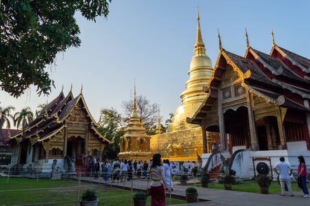 WAT PHRA SINGH TEMPLE CHIANG MAI THAILAND-11 JANUARY 2020:Construction of Wat Phra Singh, B.E. Year 1345, when King Payu, the fifth king of the Mangrai Dynasty Pagoda built for Father Kham Khu Foo.のeditorial素材