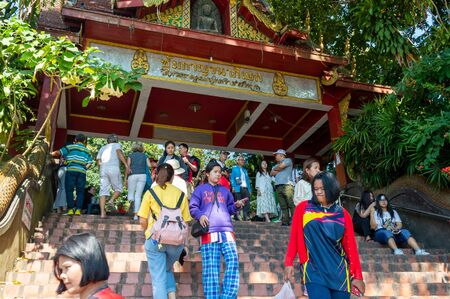 CHIANG MAI THAILAND-12 JANUARY 2020:Wat Phra That Doi Suthep temple,Tourists walking up and down stairs in tourism.Stairway There are currently 306 steps.のeditorial素材