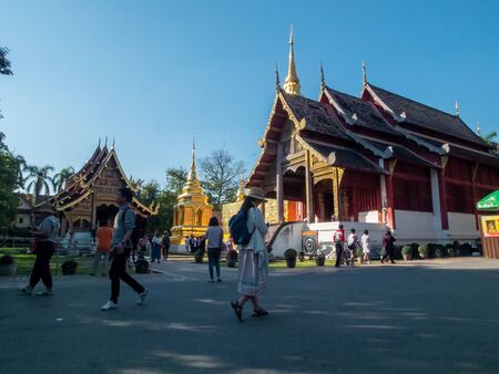WAT PHRA SINGH TEMPLE CHIANG MAI THAILAND-11 JANUARY 2020:Construction of Wat Phra Singh, B.E. Year 1345, when King Payu, the fifth king of the Mangrai Dynasty Pagoda built for Father Kham Khu Foo.のeditorial素材