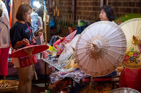 Chiang Mai Walking Street CHIANG MAI THAILAND-12 JANUARY 2020:A local handicraft market made from silk,ceramics,metal,glass,wood or art and food Thai tourists and foreigners enjoy walking and shoppingのeditorial素材