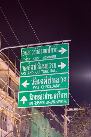 Chiang Mai Walking Street CHIANG MAI THAILAND-12 JANUARY 2020:The sign showing the name of the place in Chiang Mai is Three Kingdoms Monument,Art and Culture Hall, Chedi Luang Temple, Phra Singh Temp.のeditorial素材
