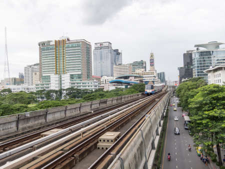 BTS Ratchadamri Station BANGKOK,THAILAND-17 AUGUST 2018: The train is heading towards the station. on,17 AUGUST 2018, in Thailand.のeditorial素材