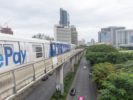Ratchadamri BANGKOK,THAILAND-17 AUGUST 2018: The train is heading towards the city center of...