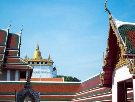 Golden Mountain (phu khao Tong) Bangkok Thailand The pagoda on the hill in Wat Saket temple.The temple Wat Sa Ket is an ancient temple in the Ayutthaya period.の写真素材