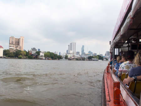 Chao Phraya River BANGKOK THAILAND-31 DECEMBER 2018:Landscape of Bangkok and ship is sailing in the Chao Phraya River. on BANGKOK THAILAND-31 DECEMBER 2018.のeditorial素材