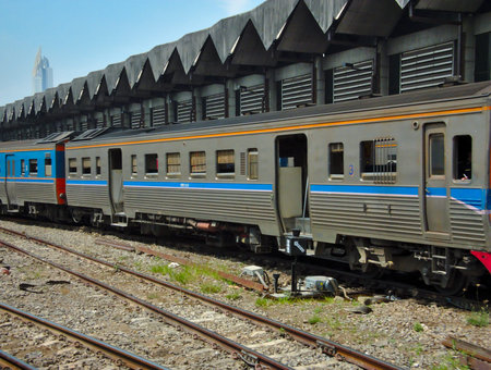 BANGKOK THAILAND-08 APRIL 2019:The locomotive and the Thai train are parked at the parking garage of...
