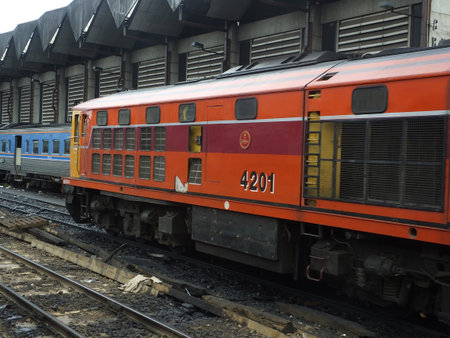 BANGKOK THAILAND-08 JUNE 2019:The locomotive and the Thai train are parked at the parking garage of...