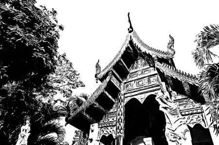 The ancient Thai architectural style, northern region of Thailand illustration creates a black and white style of drawing.の写真素材