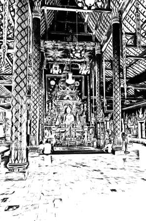 The ancient Thai architectural style, northern region of Thailand illustration creates a black and white style of drawing.の写真素材