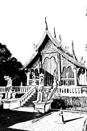 The ancient Thai architectural style, northern region of Thailand illustration creates a black and white style of drawing.の写真素材