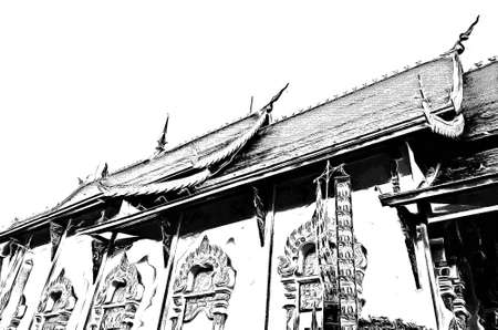 The ancient Thai architectural style, northern region of Thailand illustration creates a black and white style of drawing.の写真素材