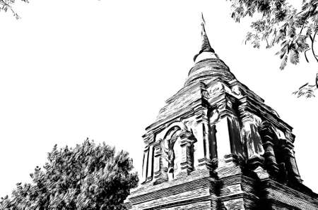 The ancient Thai architectural style, northern region of Thailand illustration creates a black and white style of drawing.の写真素材