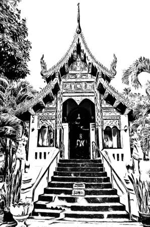 The ancient Thai architectural style, northern region of Thailand illustration creates a black and white style of drawing.の写真素材
