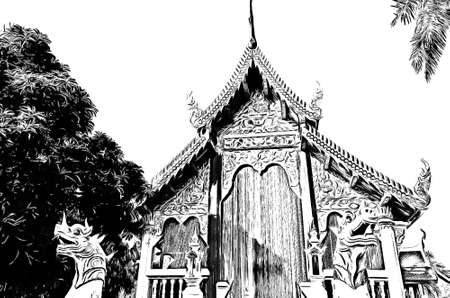 The ancient Thai architectural style, northern region of Thailand illustration creates a black and white style of drawing.の写真素材