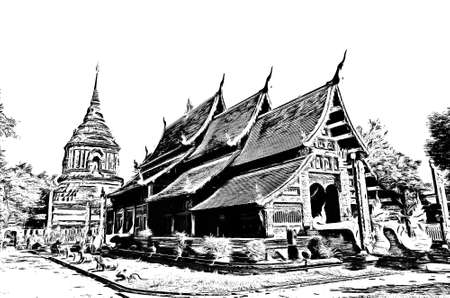 The ancient Thai architectural style, northern region of Thailand illustration creates a black and white style of drawing.の写真素材