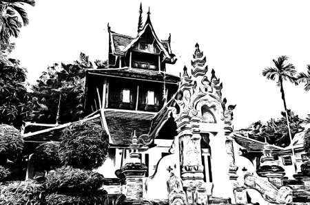 The ancient Thai architectural style, northern region of Thailand illustration creates a black and white style of drawing.の写真素材