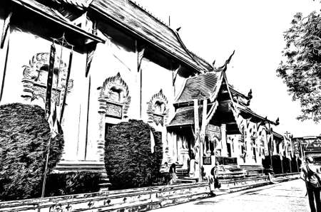 The ancient Thai architectural style, northern region of Thailand illustration creates a black and white style of drawing.の写真素材