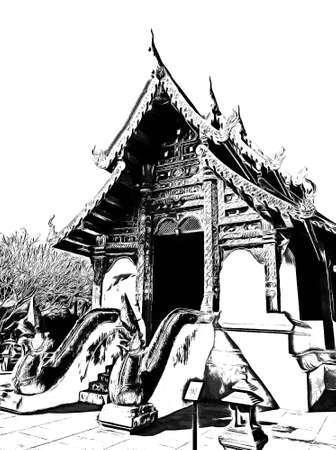 The ancient Thai architectural style, northern region of Thailand illustration creates a black and white style of drawing.の写真素材