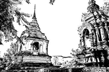 The ancient Thai architectural style, northern region of Thailand illustration creates a black and white style of drawing.の写真素材