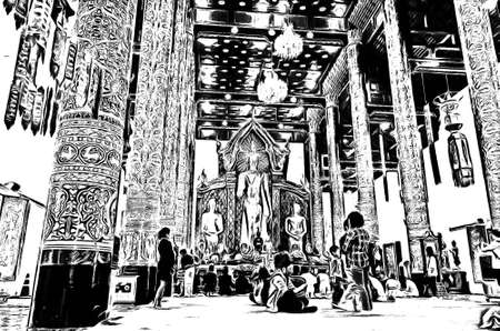 Ancient buddha statue  illustration creates a black and white style of drawing.の写真素材