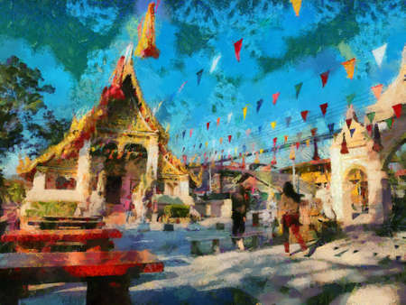 Tourists in the churches of Bangkok Illustrations creates an impressionist style of painting.の写真素材