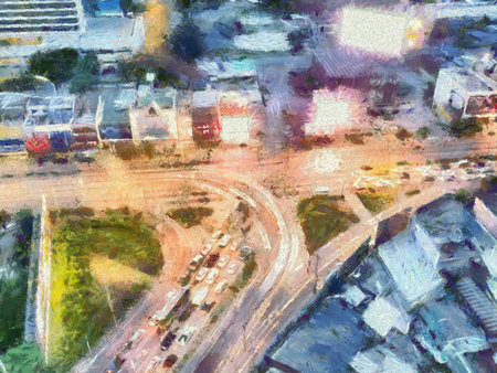 Three-way intersection at night from above Illustrations creates an impressionist style of painting.