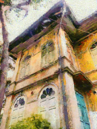 Colonial style ancient building architecture Illustrations creates an impressionist style of painting.の写真素材