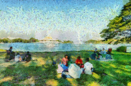 People play in the park, in the park, on a sunny day. The illustrations create an impressionist style of painting.の写真素材