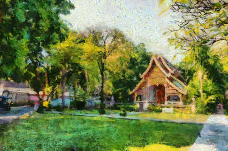 Ancient temples, art and architecture in the northern Thai style Illustrations creates an impressionist style of painting.の写真素材