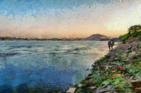 Landscape of the Mekong River Illustrations creates an impressionist style of painting.の写真素材