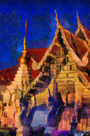 Ancient temples, art and architecture in the northern Thai style Illustrations creates an impressionist style of painting.の写真素材