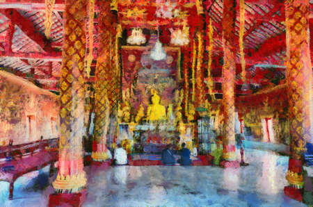 Ancient temples, art and architecture in the northern Thai style Illustrations creates an impressionist style of painting.の写真素材