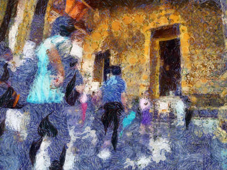 Ancient thai temple Illustrations creates an impressionist style of painting.の写真素材