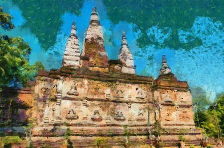 Wat Chet Yot temple,Ancient pagoda decorated with stucco designs. Is a Bodh Gaya pagoda India Illustrations creates an impressionist style of painting.の写真素材