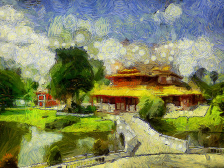 mansion ancient chinese architecture Illustrations creates ant style impressionis of painting.