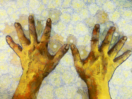 Man's hand Illustrations creates an impressionist style of painting.の写真素材