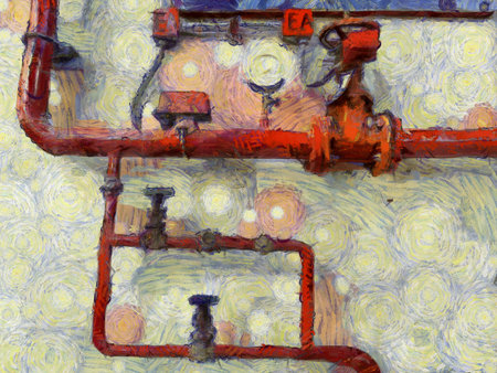 Red fire extinguisher valve and hose Illustrations creates an impressionist style of painting.