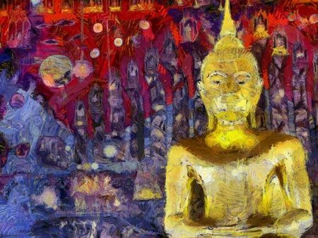 Ancient Thai architecture in Bangkok Illustrations creates an impressionist style of painting.の写真素材