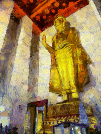 Ancient Thai architecture in Bangkok Illustrations creates an impressionist style of painting.の写真素材