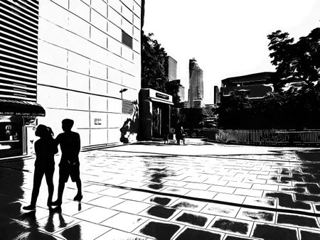 Landscape of Bangkok city streets Black and white illustrations.の写真素材