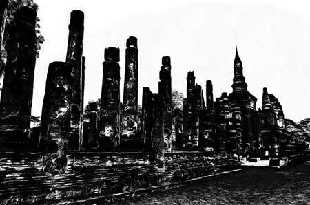 Ancient thai architecture landscape Black and white illustrations.の写真素材