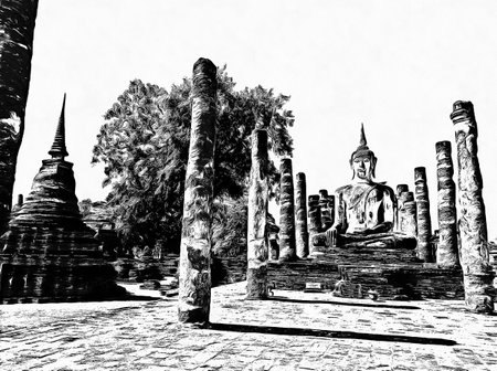 Ancient thai architecture landscape Black and white illustrations.の写真素材